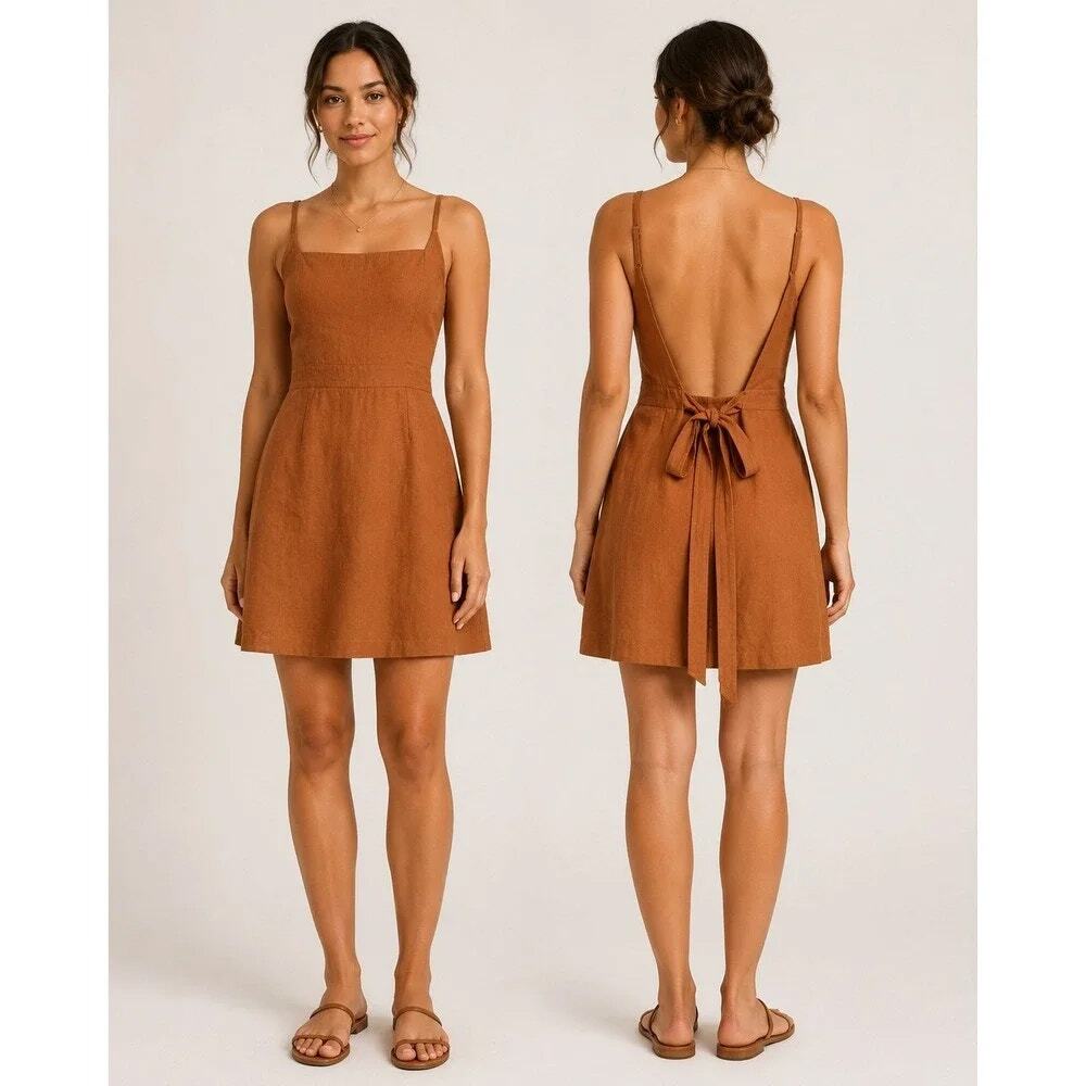 Good Alma Amber Linen Cotton Mini Dress Brown Low Tie Back Square Neck SZ S